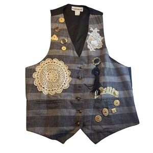 Intentions Vtg Art to Wear Plaid Vest Lace Crochet Embellished OSFM Bell Buttons
